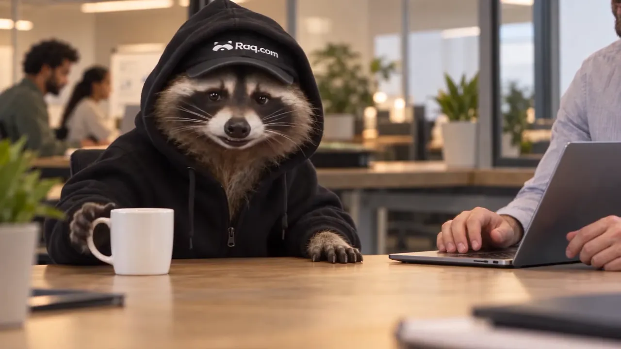 Raqoon in a Raq.com cap and hoodie at an office desk