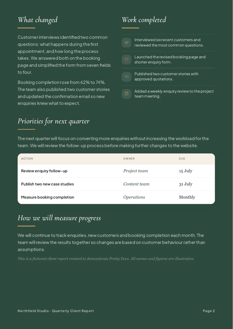 Inside page of the Northfield Studio report with priorities and a delivery schedule