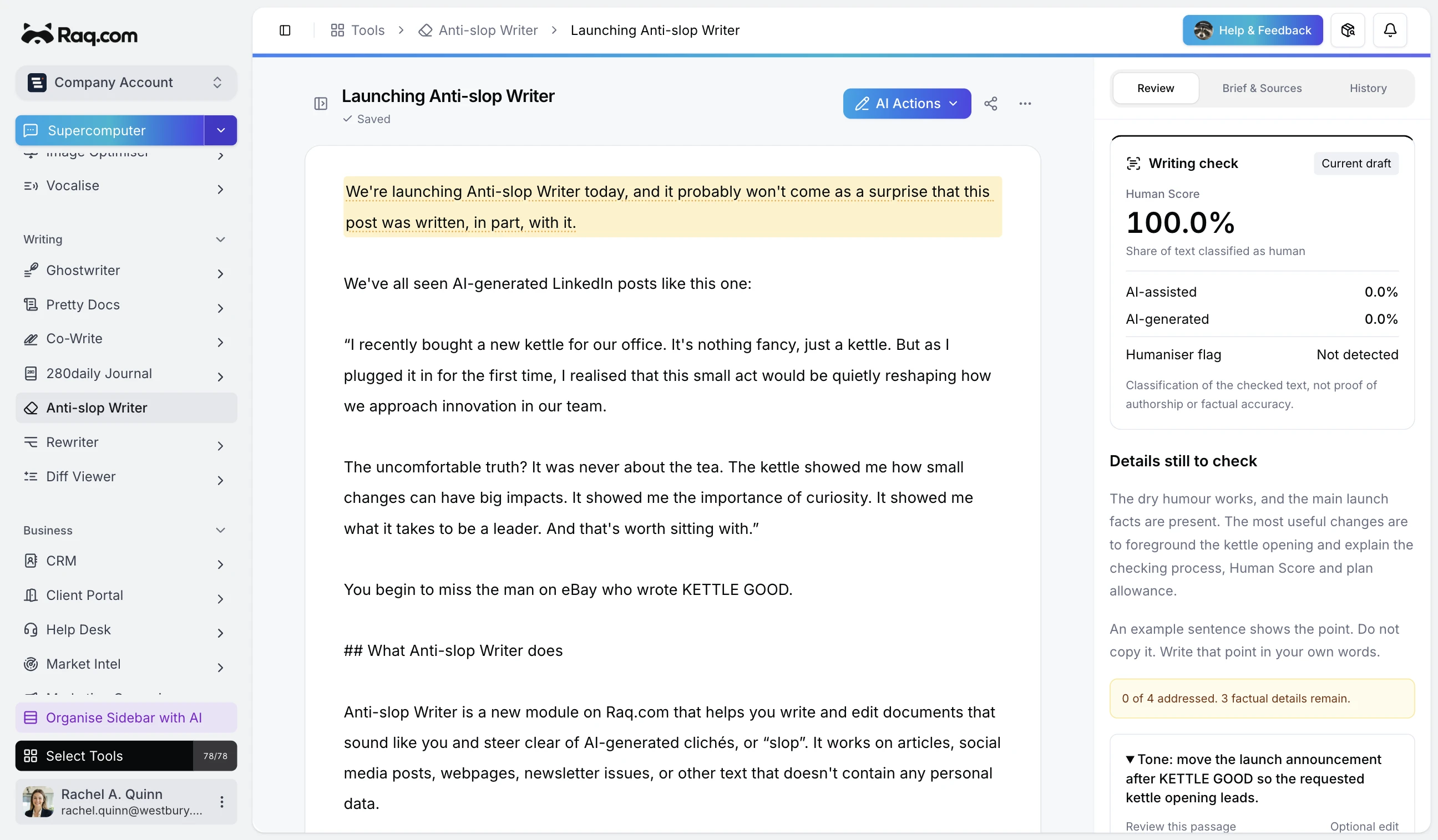 Anti-slop Writer in Raq.com