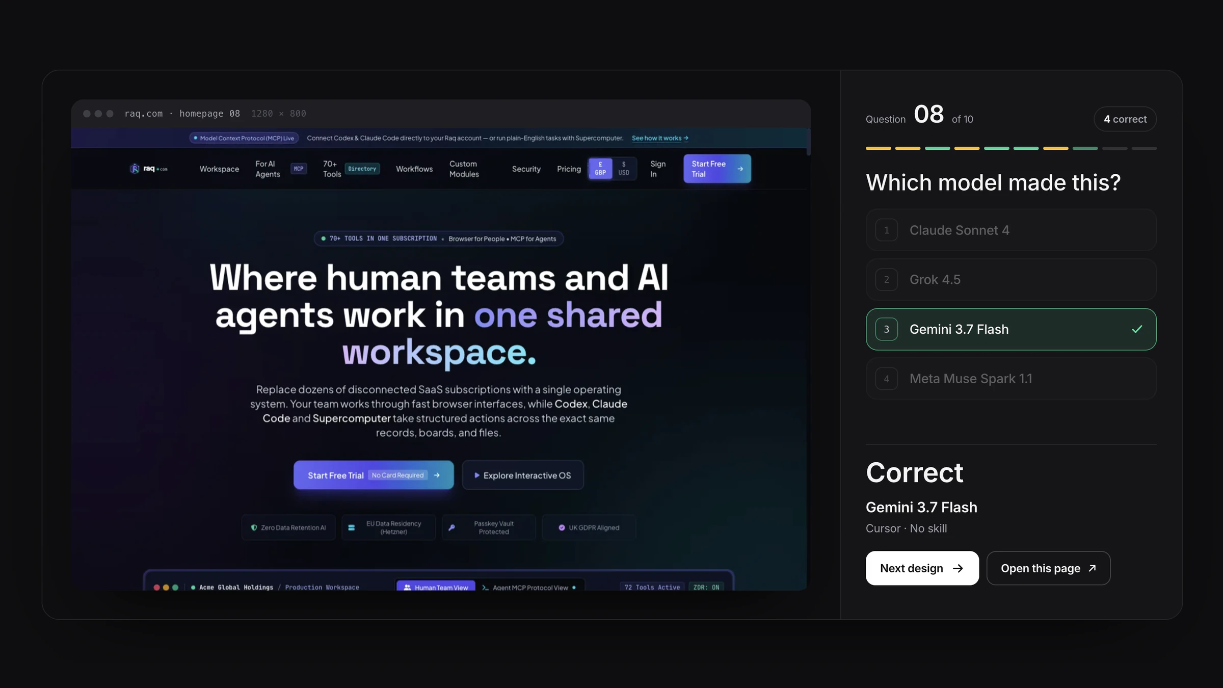 Four AI-generated Raq.com homepages shown inside the model guessing quiz