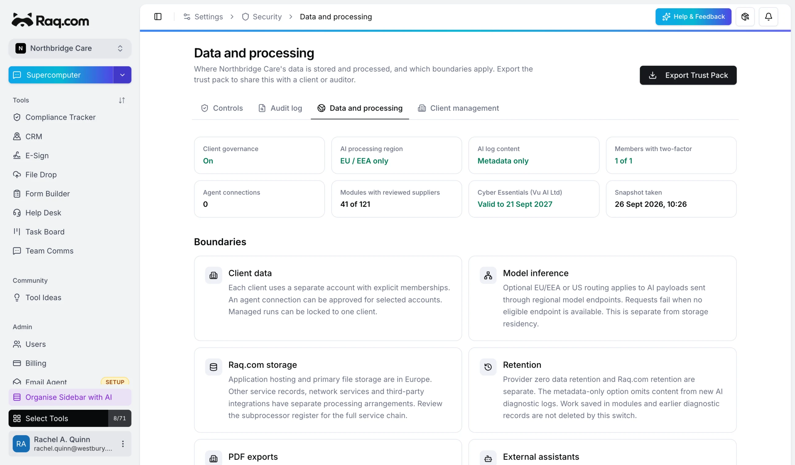 The Data and processing page for a client account locked to EU/EEA AI processing