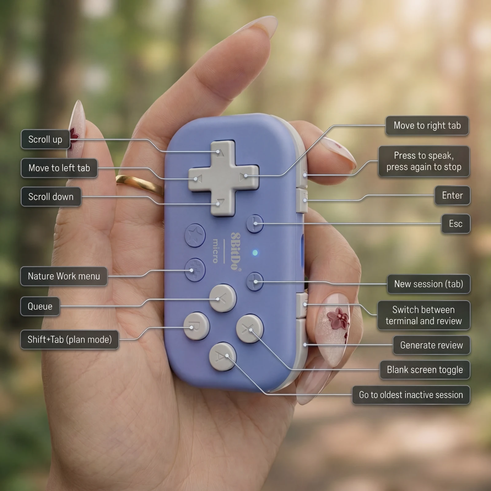 8BitDo Micro gamepad with Nature Work button mappings: d-pad for tab switching, face buttons for voice, scroll, screen blank, session switching, and reviews