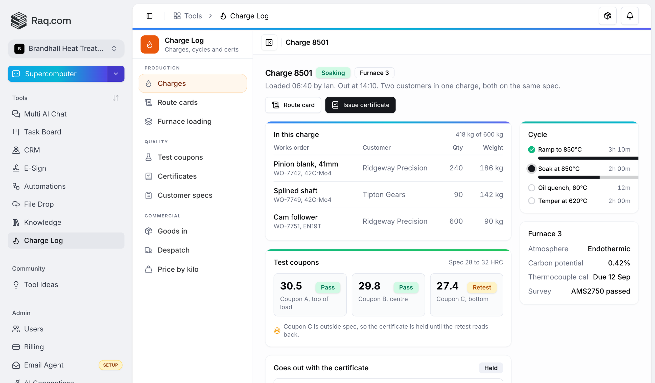 A Charge Log custom module in the Raq.com sidebar
