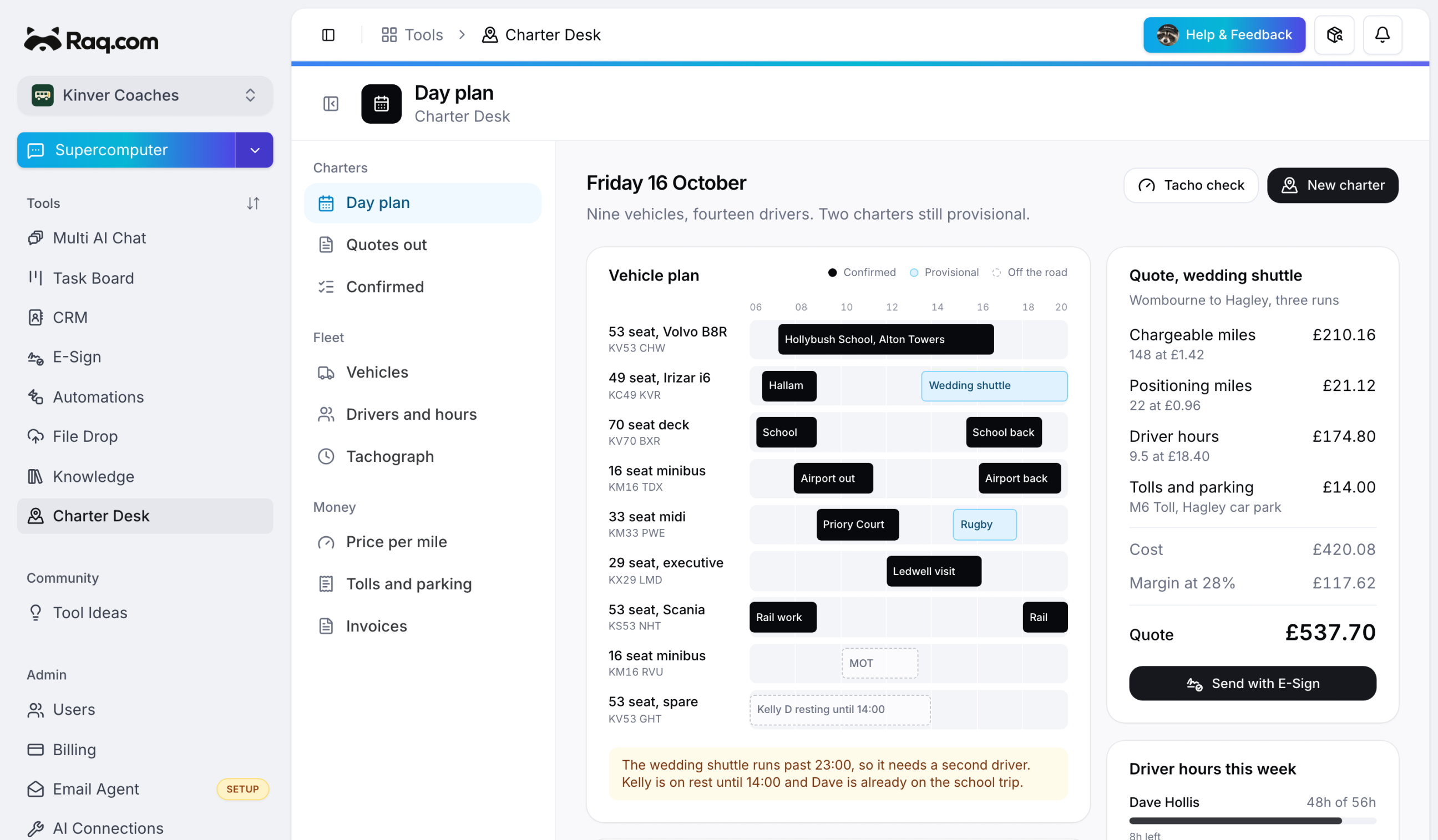 A Charter Desk custom module in the Raq.com sidebar