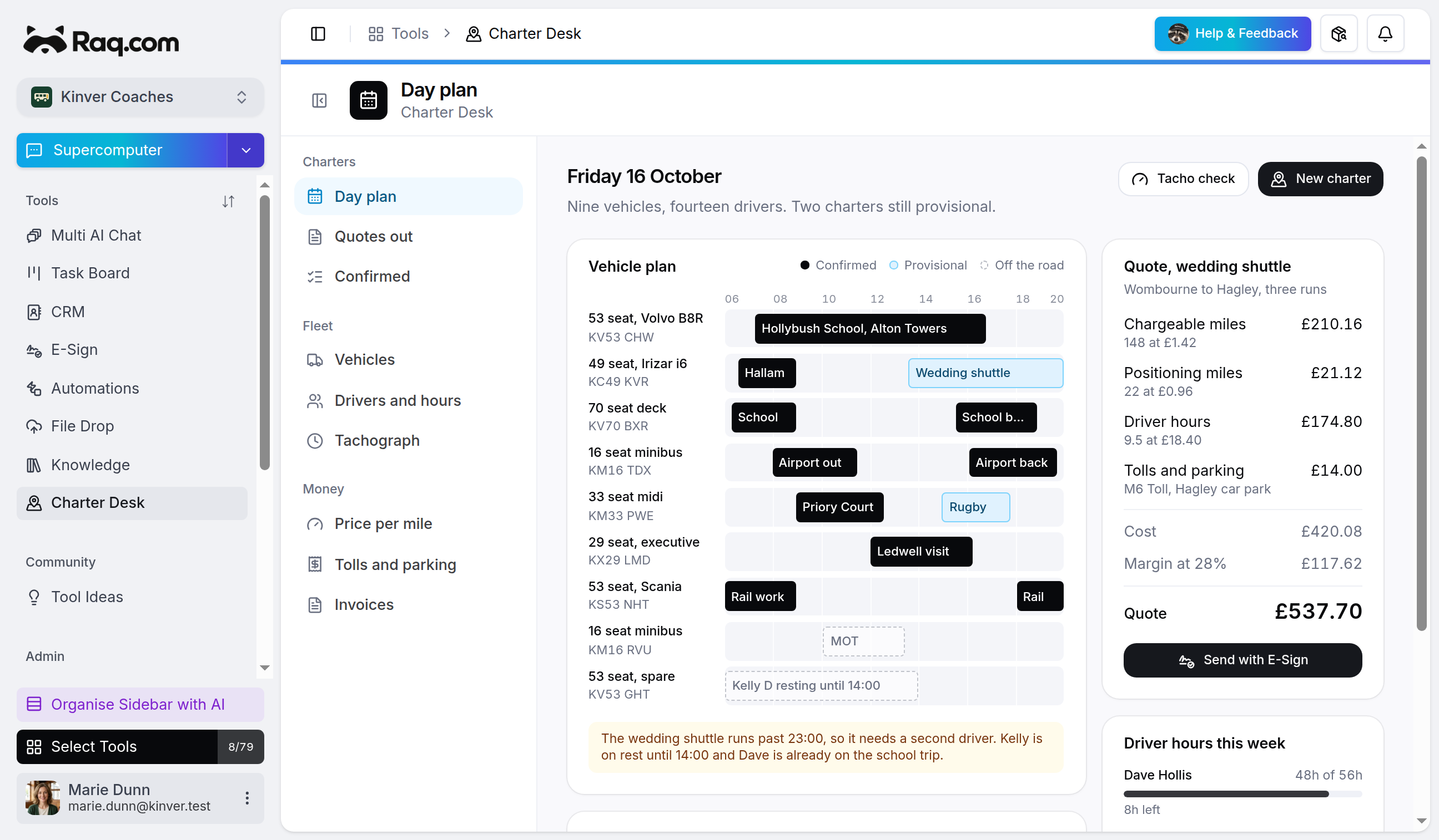 A Charter Desk custom module in the Raq.com sidebar