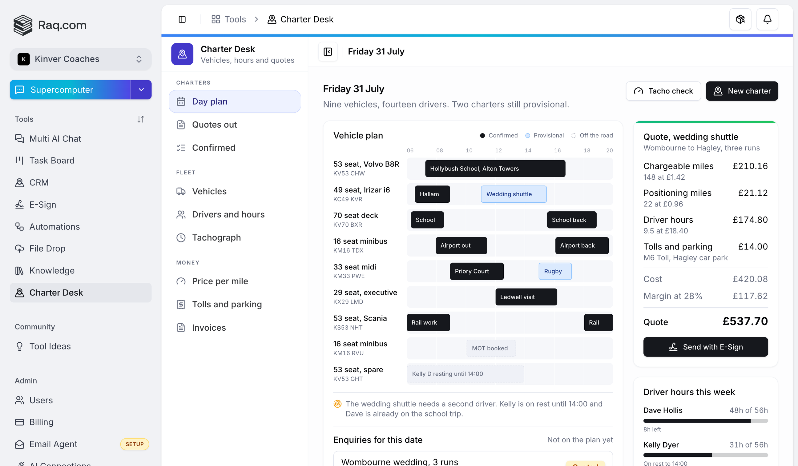 A Charter Desk custom module in the Raq.com sidebar
