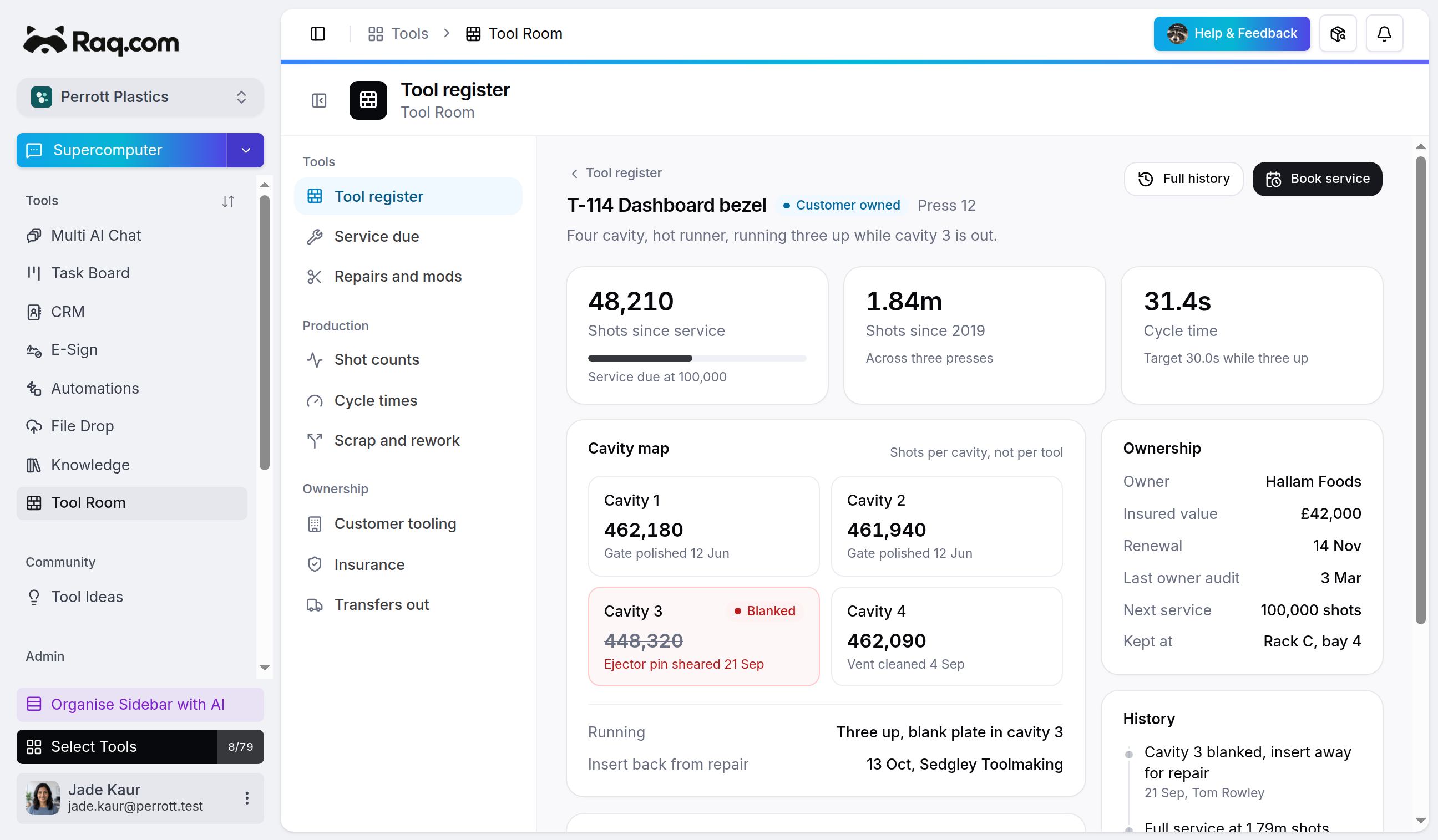 A Tool Room custom module in the Raq.com sidebar
