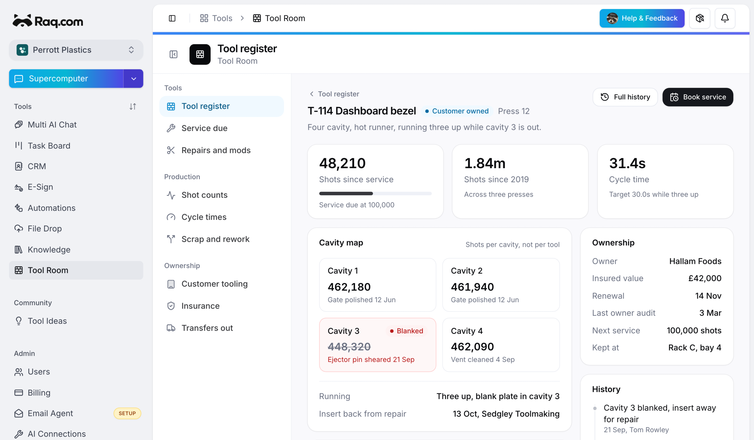 A Tool Room custom module in the Raq.com sidebar