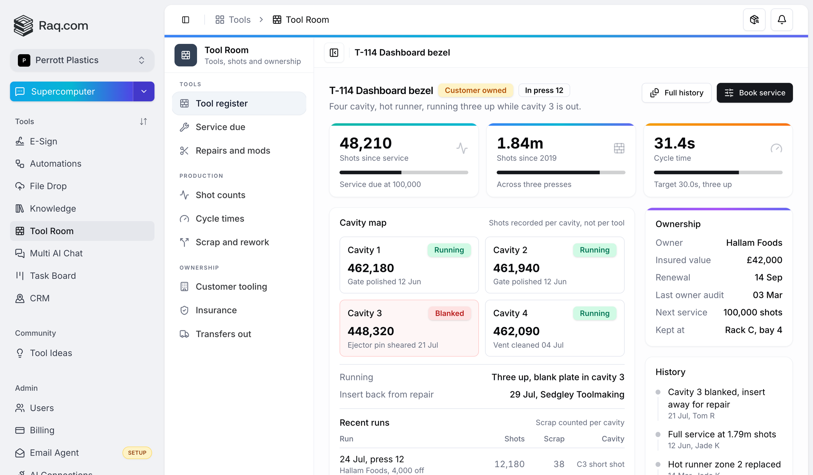 A Tool Room custom module in the Raq.com sidebar