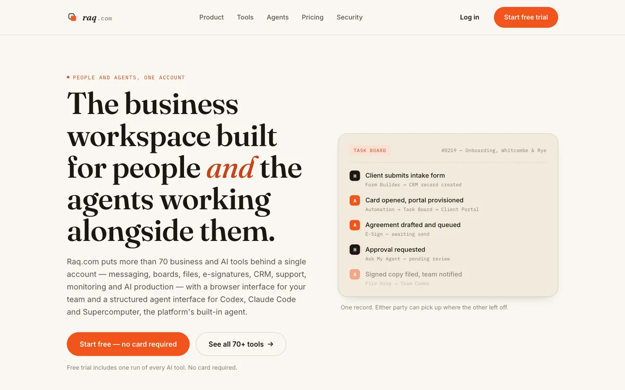 Raq.com homepage generated by Claude Sonnet 5 in Claude Code