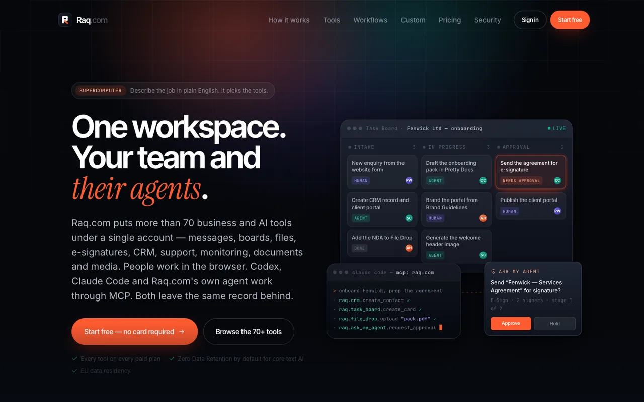 Raq.com homepage generated by Claude Opus 4.1 in Claude Code