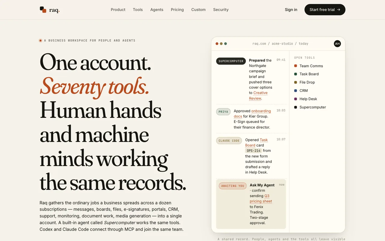 Raq.com homepage generated by Claude Opus 4.7 in Claude Code