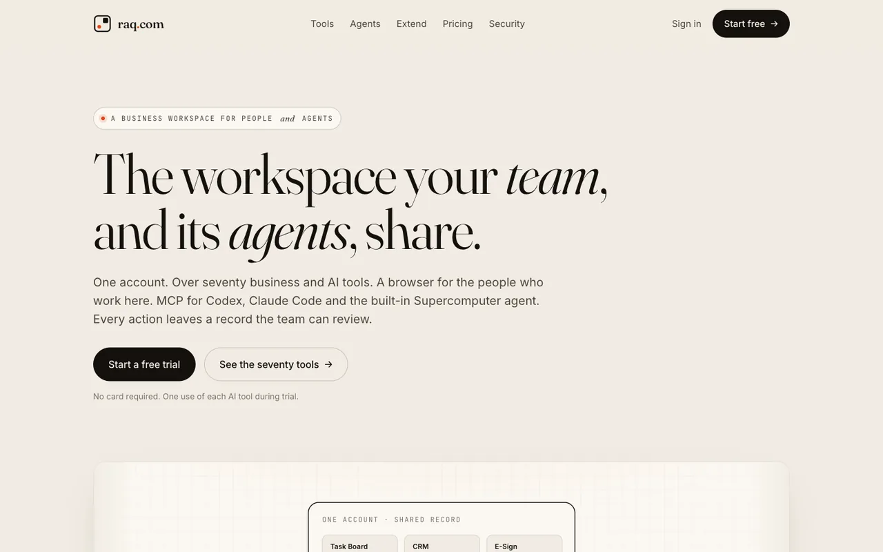 Raq.com homepage generated by Claude Opus 4.7 in Claude Code