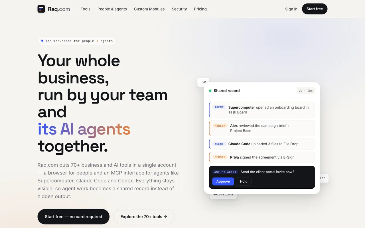 Raq.com homepage generated by Claude Opus 4.8 in Claude Code