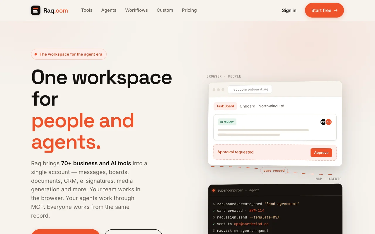 Raq.com homepage generated by Claude Opus 4.8 in Claude Code