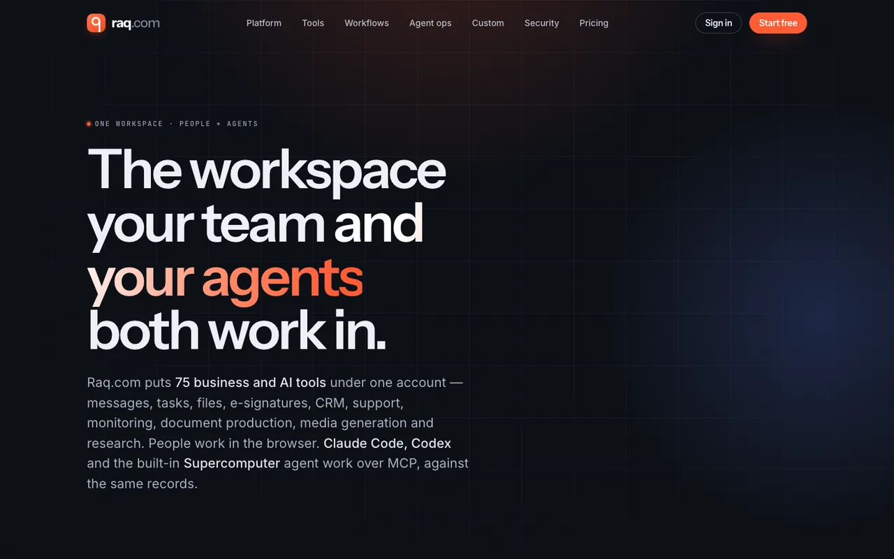 Raq.com homepage generated by Claude Opus 5 in Claude Code