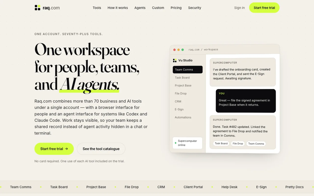 Raq.com homepage generated by GLM 5.2 in Cursor