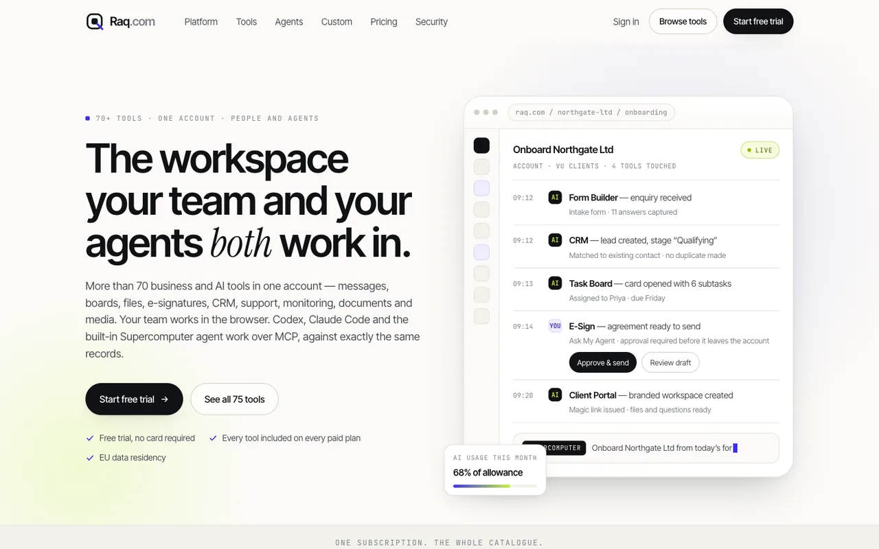 Raq.com homepage generated by Claude Opus 5 in Claude Code