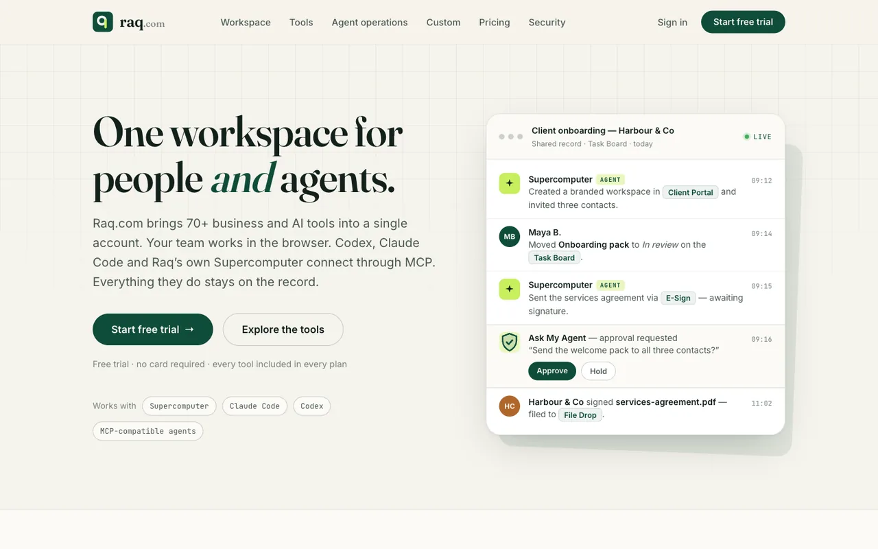 Raq.com homepage generated by Claude Fable 5 in Claude Code