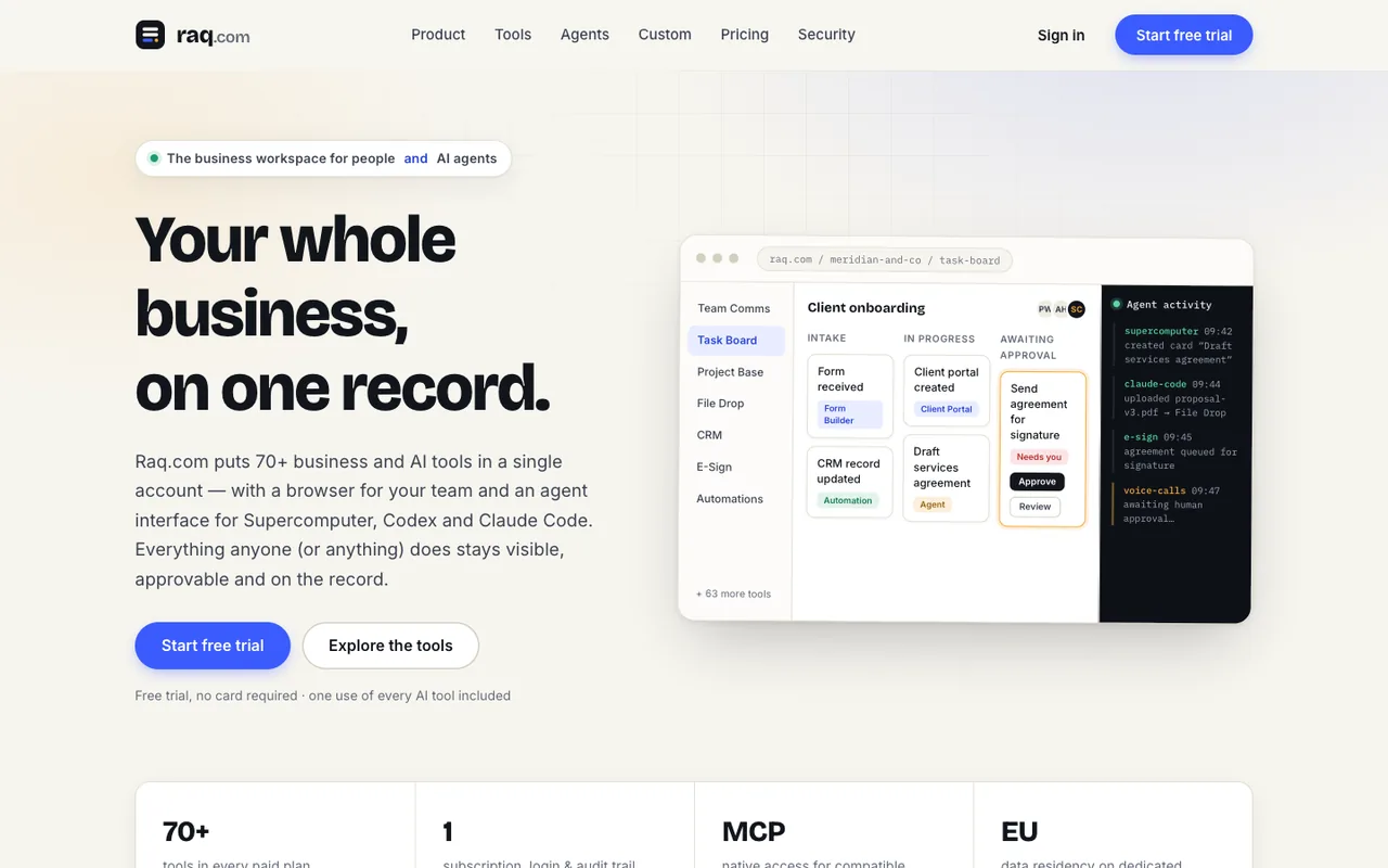 Raq.com homepage generated by Claude Fable 5 in Claude Code