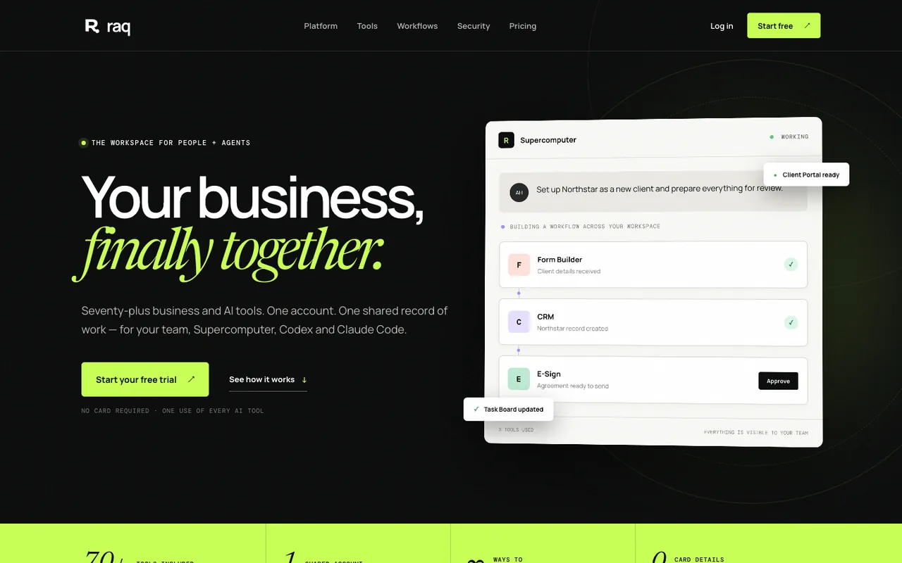 Raq.com homepage generated by GPT-5.6 Sol in Codex