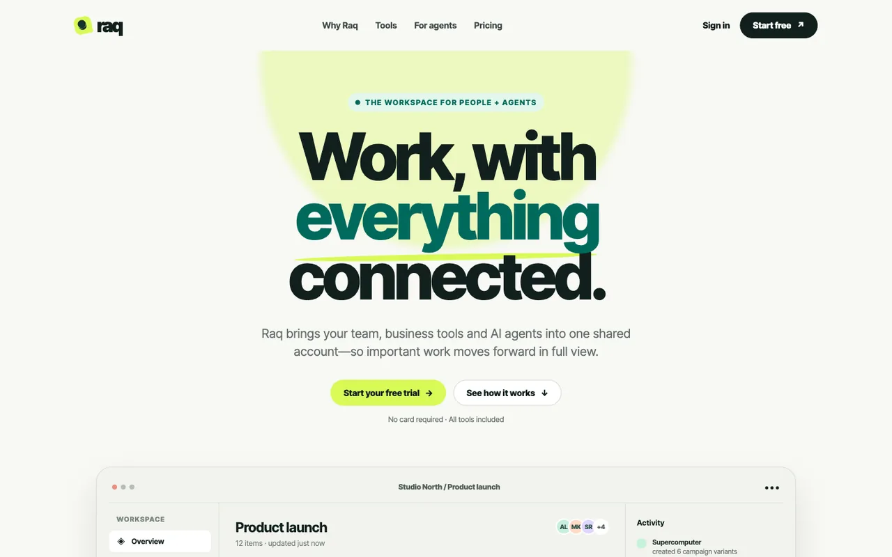 Raq.com homepage generated by GPT-5.6 Terra in Codex