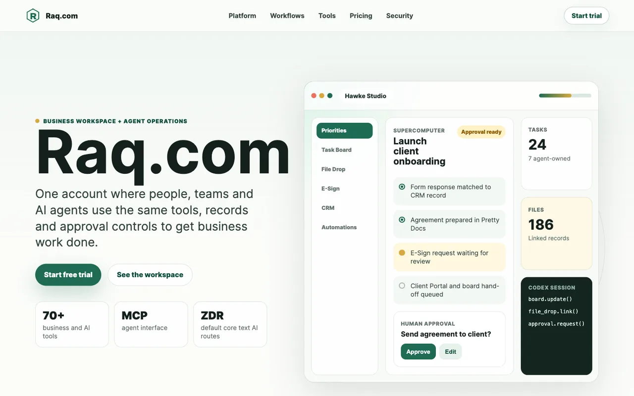 Raq.com homepage generated by GPT-5.5 in Codex