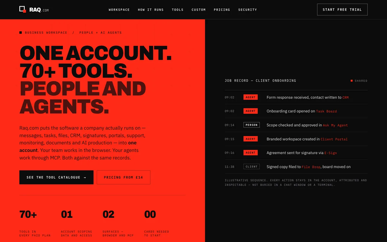 Raq.com homepage generated by Claude Opus 5 in Claude Code