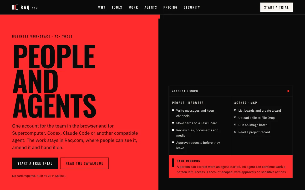 Raq.com homepage generated by Grok 4.6 in Cursor