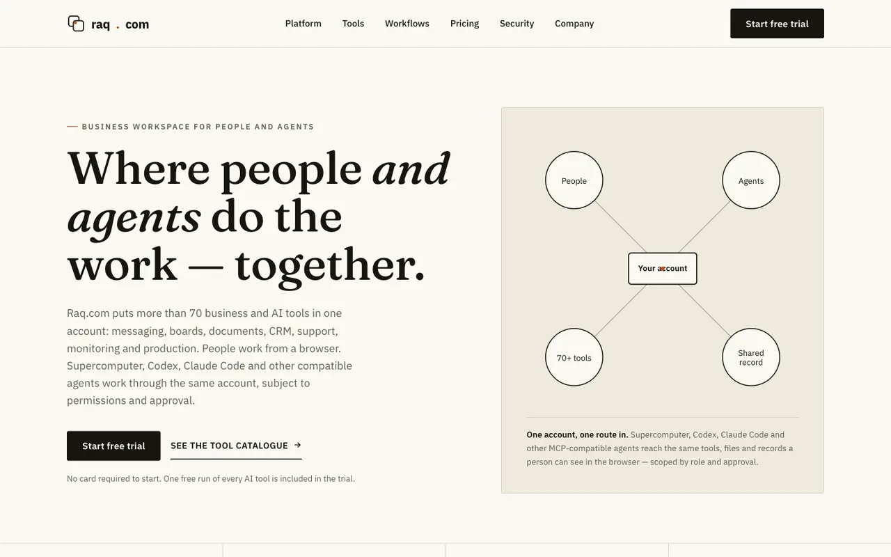 Raq.com homepage generated by Claude Sonnet 5 in Claude Code