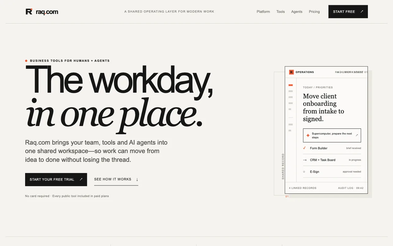 Raq.com homepage generated by GPT-5.6 Luna in Codex