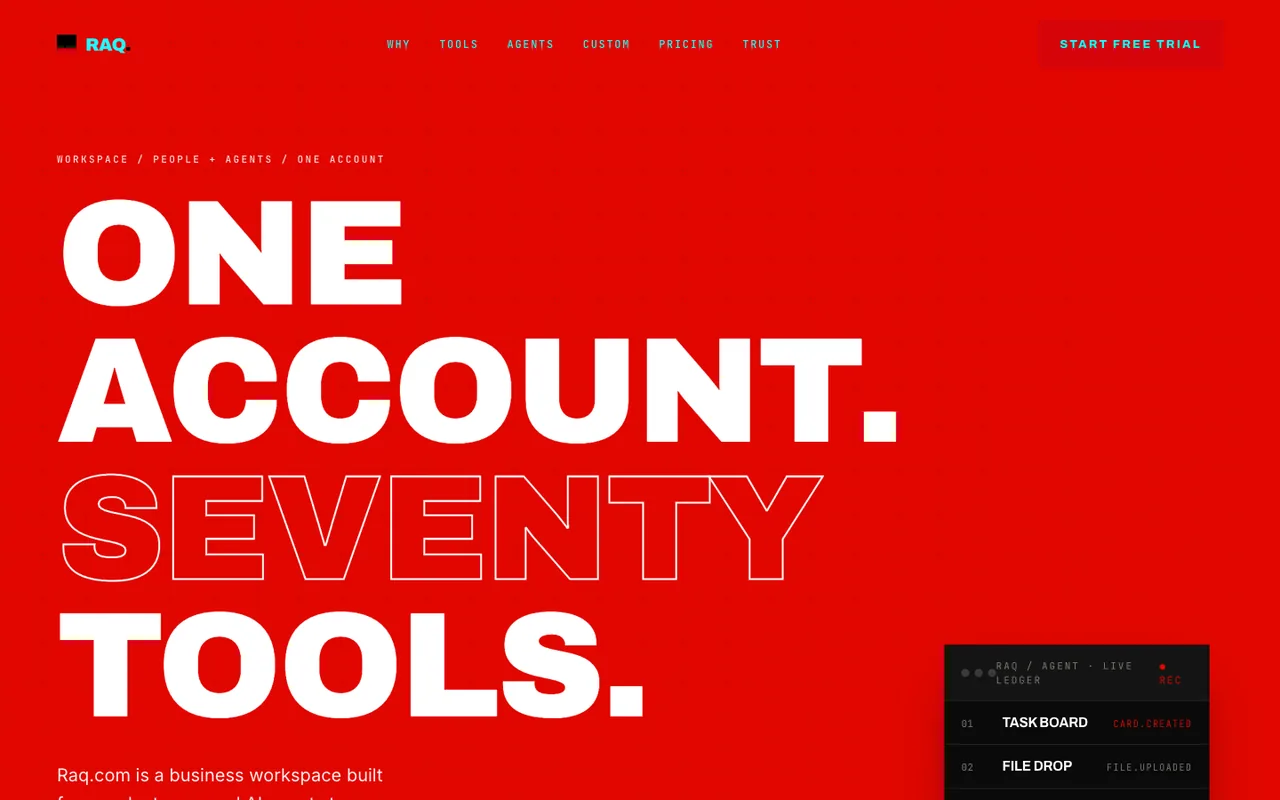 Raq.com homepage generated by GLM 5.2 in Cursor