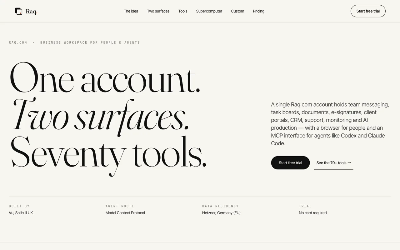 Raq.com homepage generated by GLM 5.2 in Cursor