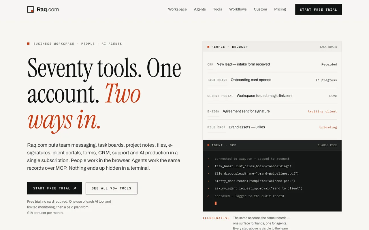 Raq.com homepage generated by GLM 5.3 in Claude Code