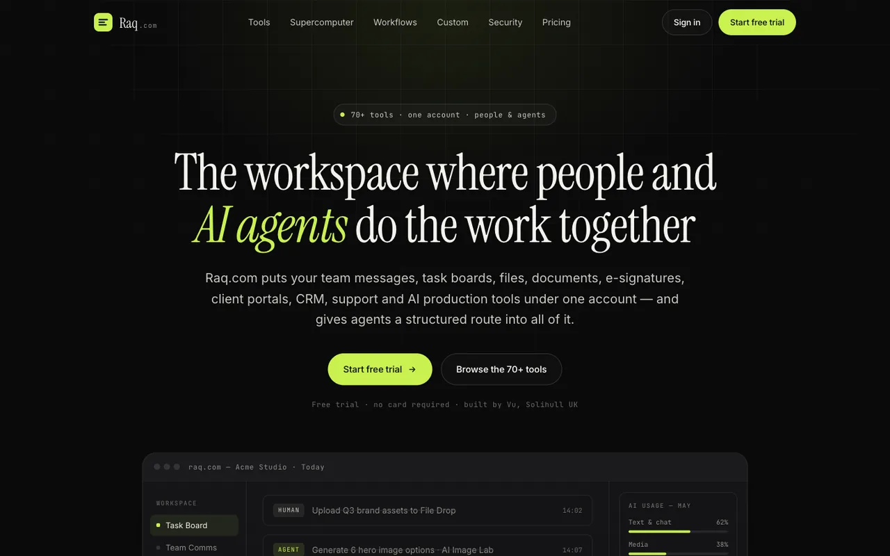 Raq.com homepage generated by GLM 5.3 in Claude Code