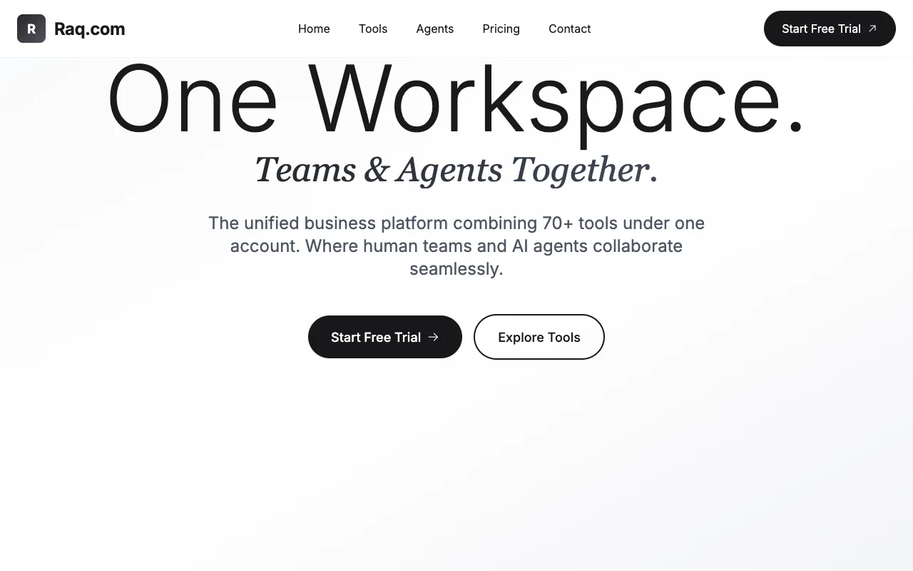 Raq.com homepage generated by Claude Sonnet 4 in Cursor