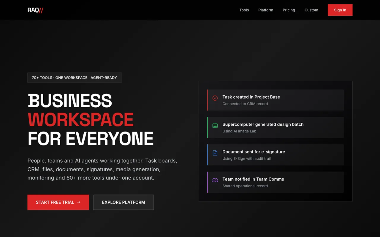 Raq.com homepage generated by Claude Sonnet 4.5 in Cursor