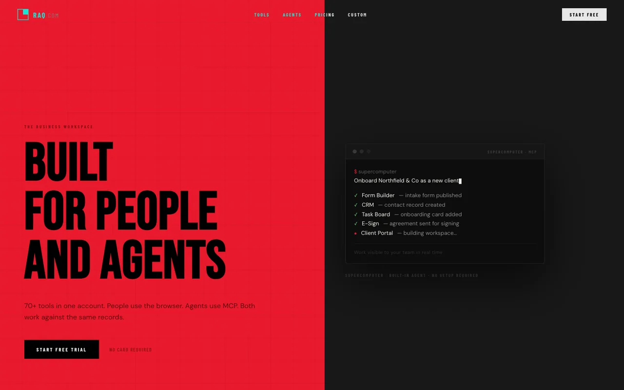 Raq.com homepage generated by Claude Sonnet 4.6 in Cursor