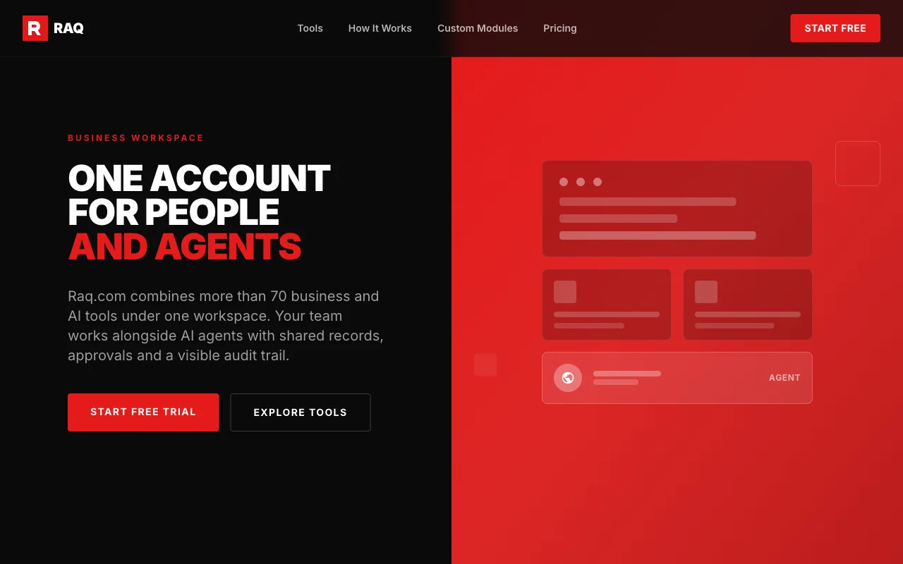 Raq.com homepage generated by Claude Opus 4.5 in Cursor