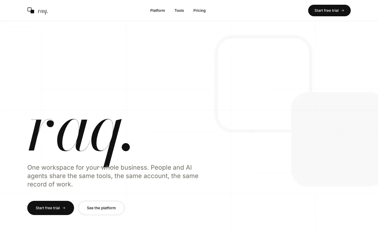 Raq.com homepage generated by Claude Opus 4.6 in Cursor