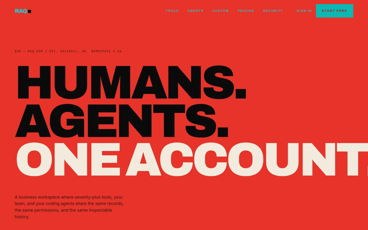Raq.com homepage generated by Claude Opus 4.7 in Cursor