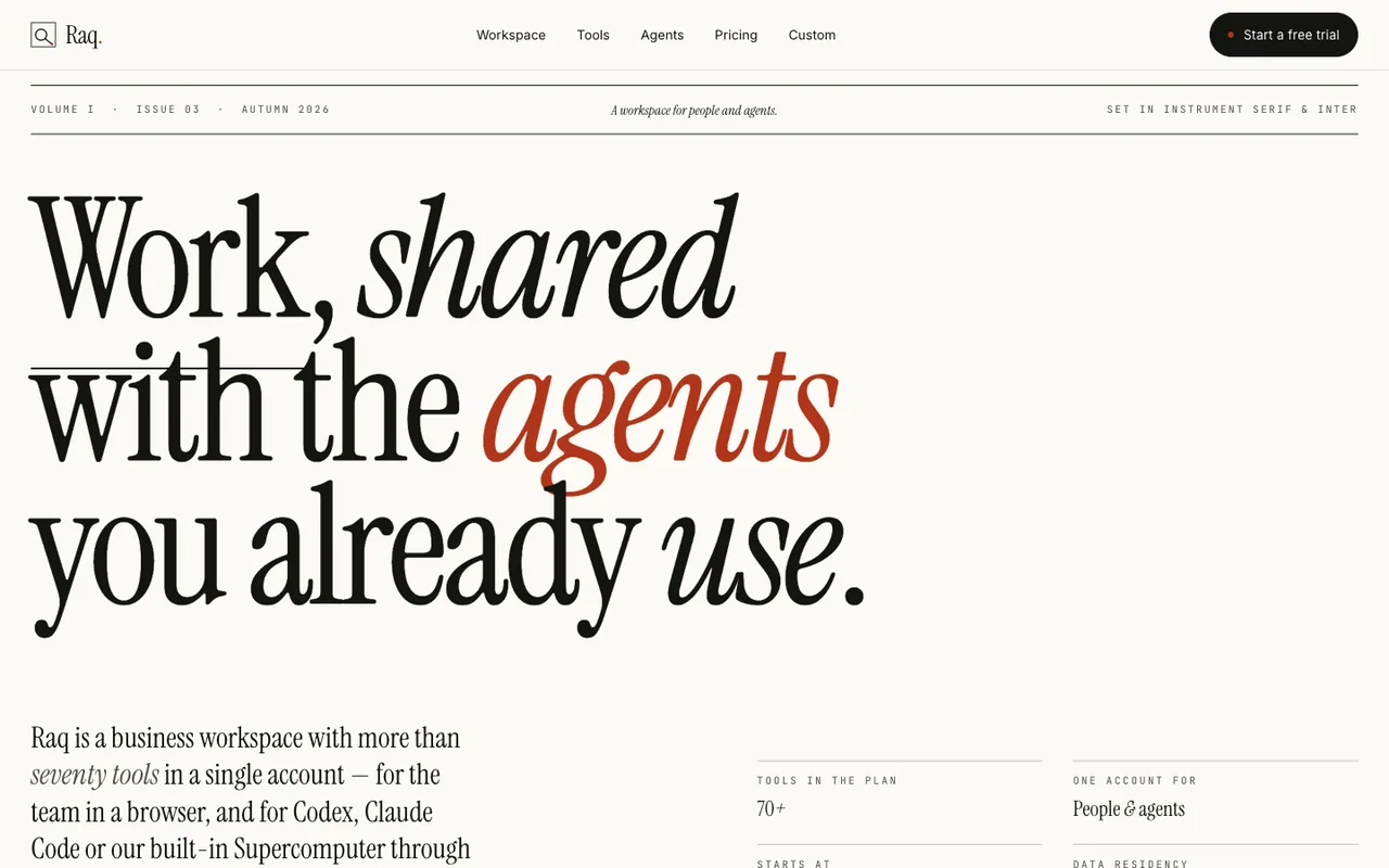 Raq.com homepage generated by Claude Opus 4.7 in Cursor
