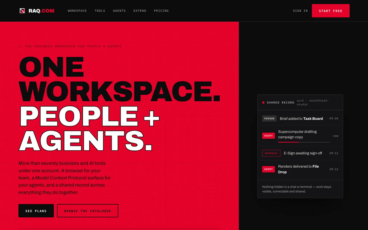 Raq.com homepage generated by Claude Opus 4.8 in Cursor