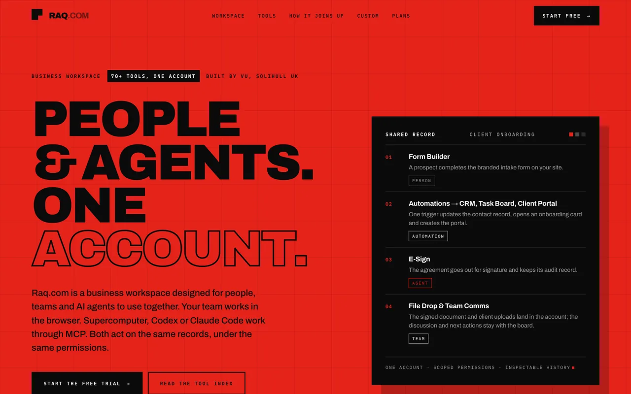 Raq.com homepage generated by Claude Opus 5 in Cursor
