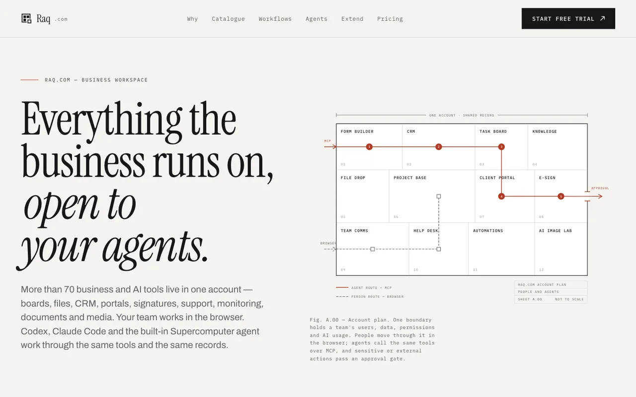 Raq.com homepage generated by Claude Opus 5 in Cursor