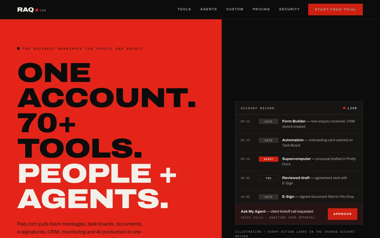 Raq.com homepage generated by Claude Fable 5 in Claude Code