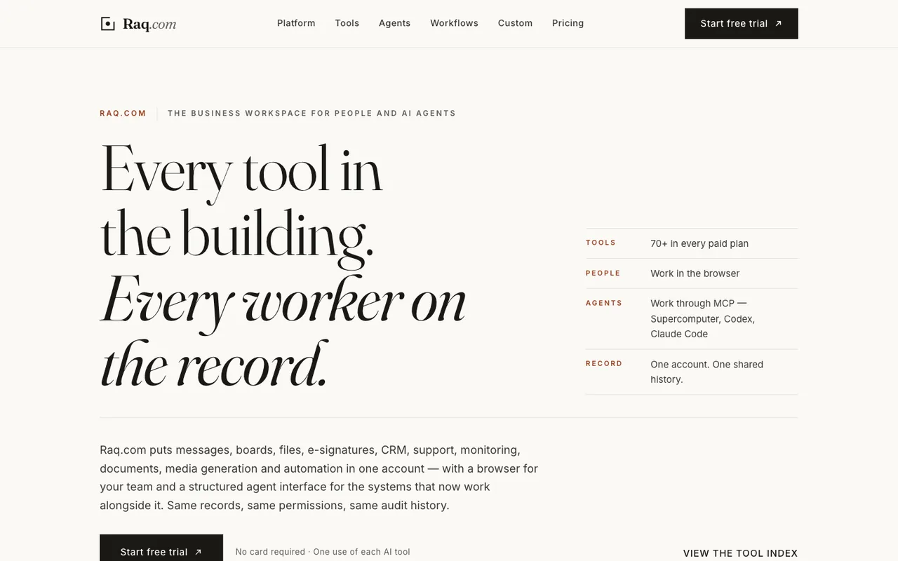 Raq.com homepage generated by Claude Fable 5 in Claude Code