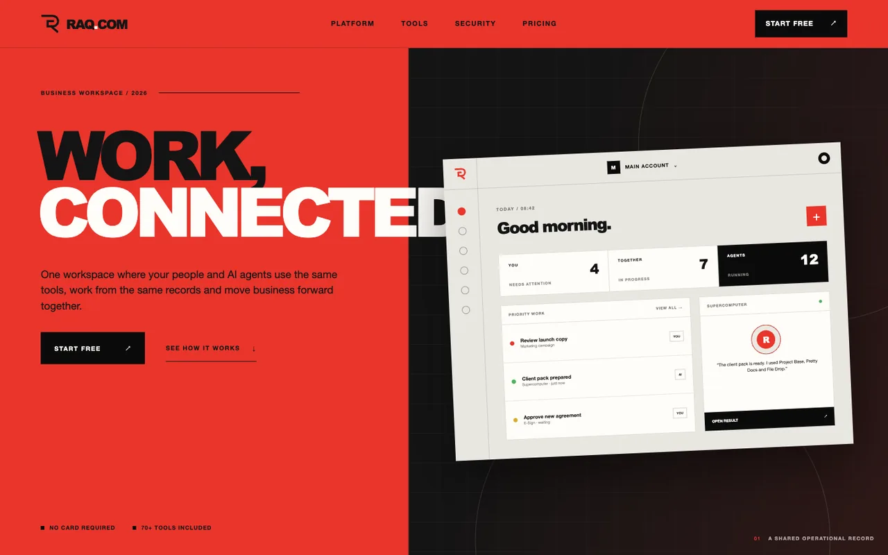 Raq.com homepage generated by GPT-5.6 Sol in Cursor