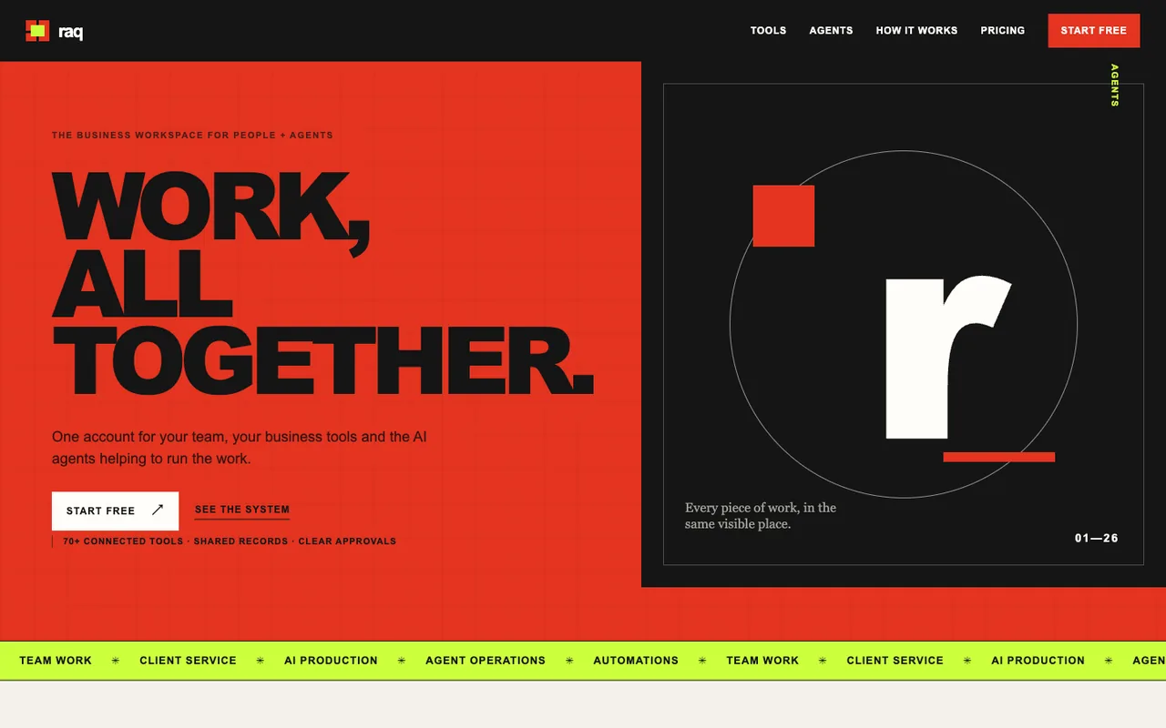 Raq.com homepage generated by GPT-5.6 Terra in Cursor