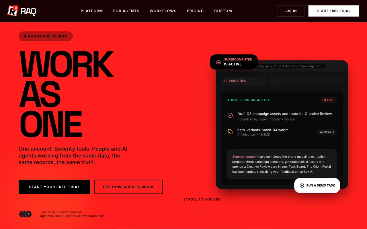 Raq.com homepage generated by Grok 4.20 in Claude Code